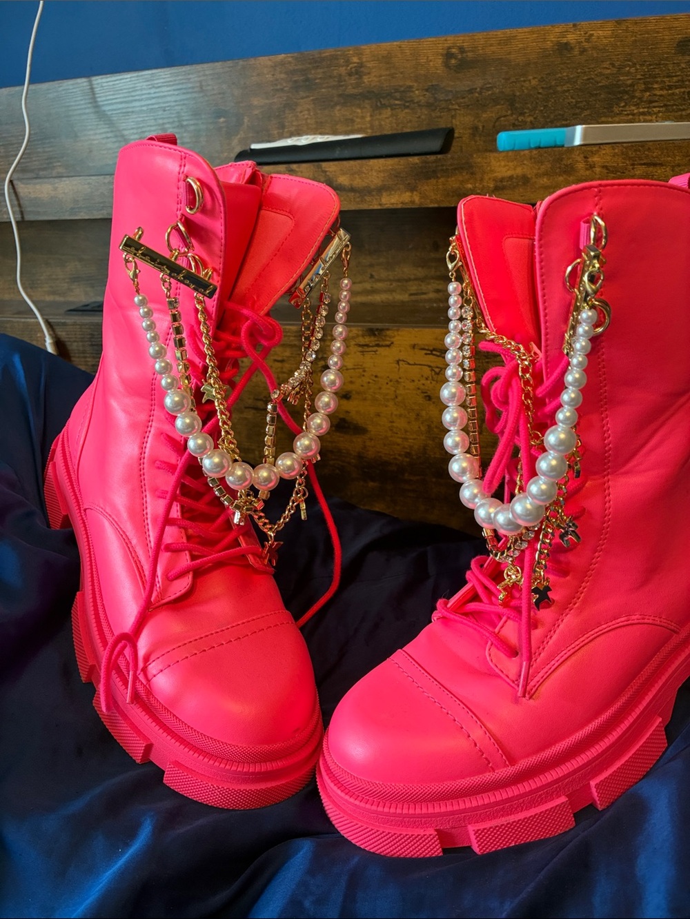 Hot Pink Pearl-Chain Lace-Up Combat Boots for Women